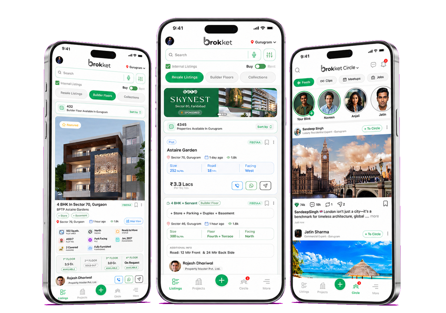 Brokket mobile app screens showing Listings, Builder Floor and Brokket Circle